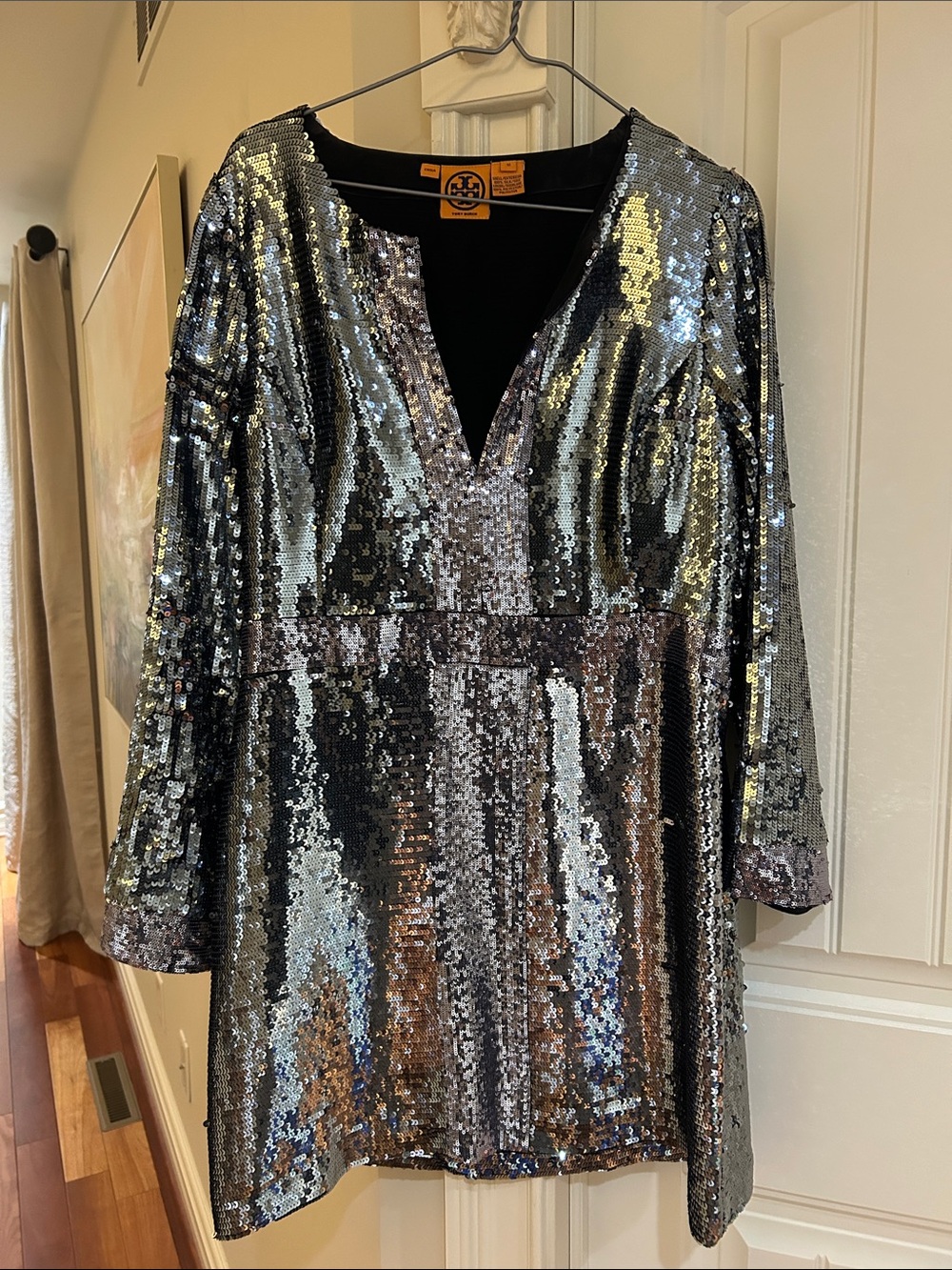Tory Burch Silver Sequin Long-Sleeve V-Neck Mini Dress